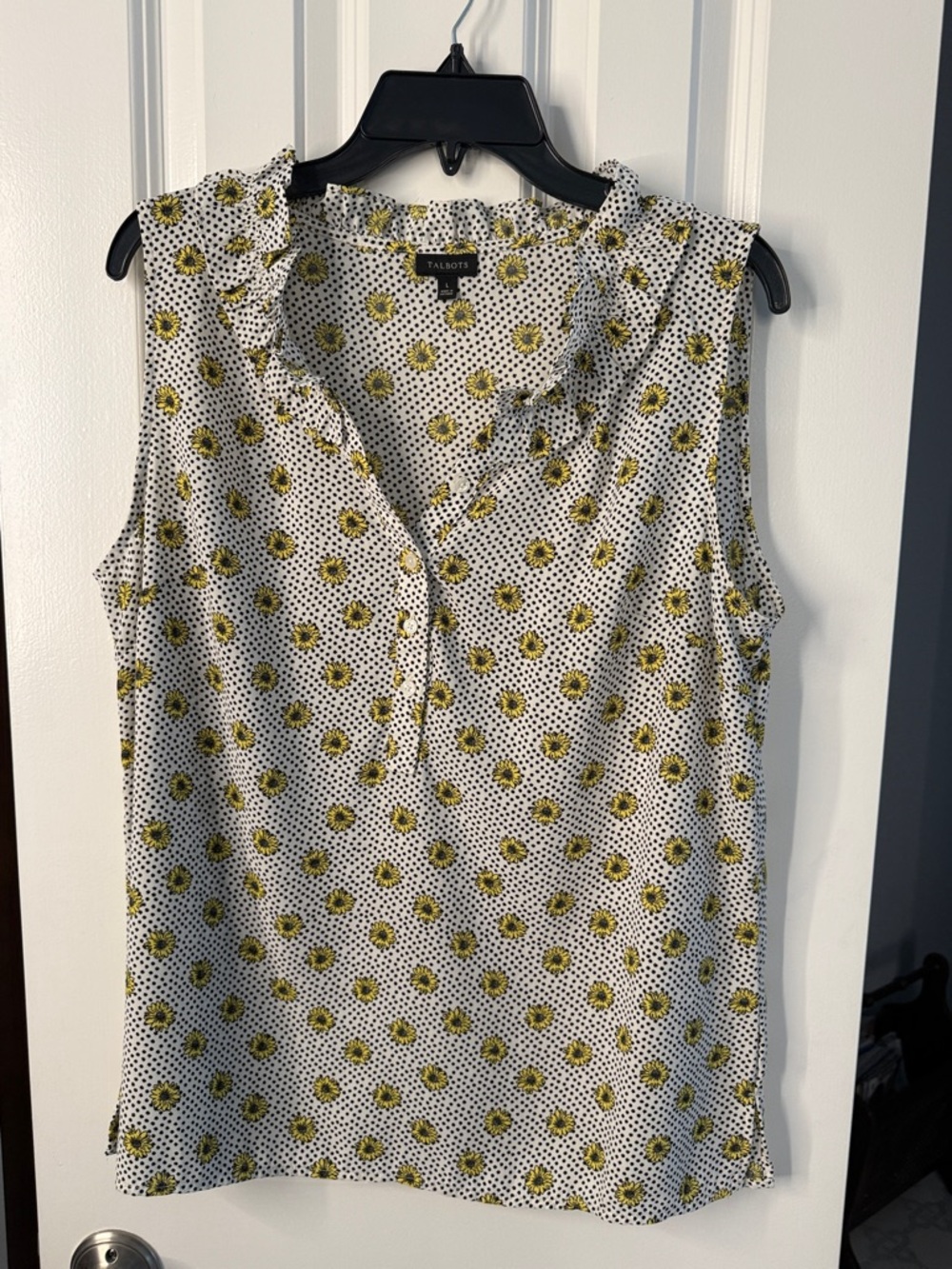 Talbots White Sleeveless Blouse with Yellow Floral and Black Dot Print